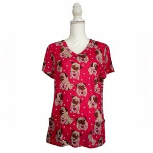 Magenta Pug Dog and Heart Donut Print Nursing Medical Scrub Top Women’s Medium